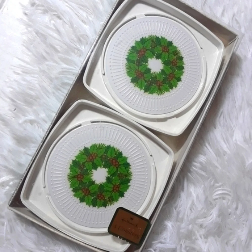 Vintage Hallmark Holiday Berry Wreath Coasters Set